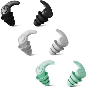 Swimming Ear Plugs 3 Pairs Reusable Silicone Noise-Reducing Earplugs for Sleep Deep Focus Swimming Snorkeling Showering Adults Black+Gray+Green (1 Count (Pack of 3))