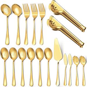 Serving Utensils Set for Buffet, 18 Pack Stainless Steel Serveware, Large Spoons, Slotted Spoon, Forks, Tongs, Butter Knife, Shell Spoons, Soup Ladle, Pie Server, for Party Festival Family, Gold