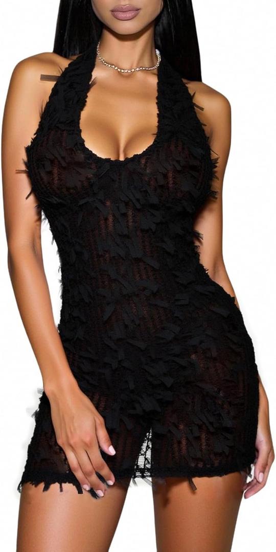 Women's Backless Halter Mini Dress Fringe Bodycon Evening Party Club Dresses Black Small
