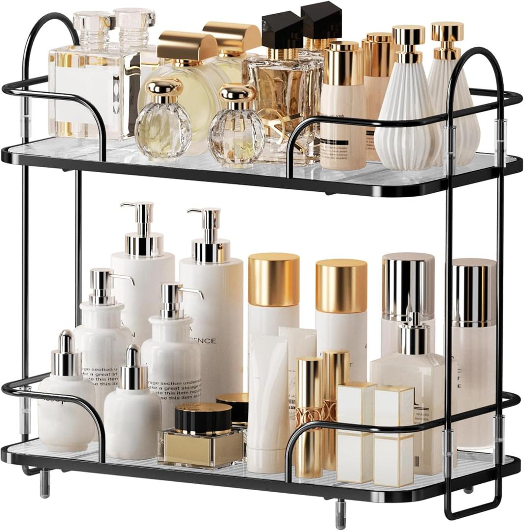 2 Tier Corner Bathroom Counter Organizer, Cosmetic Skincare Organizer, Bathroom Countertop Perfume Tray Vanity Organizer, Kitchen Spice Corner Storage Shelf (Black)