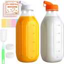32 Oz Glass Milk Bottles, 2 Pack Scale Mark Drinking Jug with 2 Nut Milk Bags& Airtight Screw Lid & Silicone Pour Cap& Stickers, 1 Quart Reusable Juice Bottle Water Pitcher for Coffee Yogurt