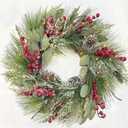 Timer - 20 Inch Flocked Christmas Wreaths for Front Door, Lighted Christmas Wreath with 30 Lights Pine Needles Eucalyptus Cypress Leaves Pinecone Red Berries Xmas Wreath for Home Outdoor Indoor Winter