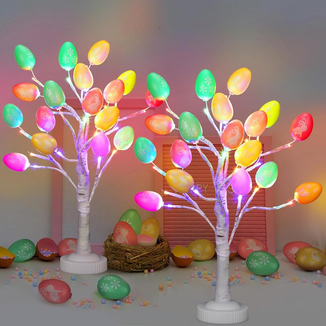 Wenqik 2 Pcs 24 Inch Easter Egg Lighted Birch Tree Decorations Battery or USB Operated 24 Warm White LED Lights Birch Tree with Egg Ornaments Table Centerpiece for Party Home Decorations