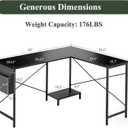 L Shaped Desk, 50 Inch Reversible Computer Desk Corner Gaming Table with CPU Stand & Storage Bag, Sturdy Metal Frame PC Workstation for Home Office, Black Wood