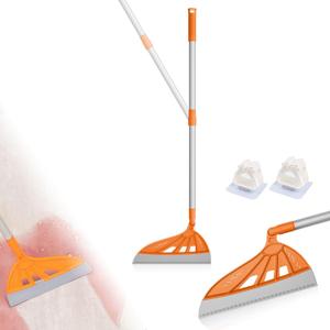Magic Broom, Household Silicone Broom, Multifunction Squeegee with 2 Heads - Brush and Scrape, Floor Squeegee with Extra-Long Adjustable Aluminum Handle for Floor, Glass, Tile (Sun Orange)