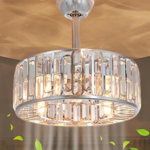 18.2" Silver Crystal Caged Ceiling Fan with Light 4-Lights Modern Flush Mount Fandelier Lights Remote Chrome Crystal Chandelier Ceiling Fan for Bedroom Living Room Dining Room Entry Loft Hallway