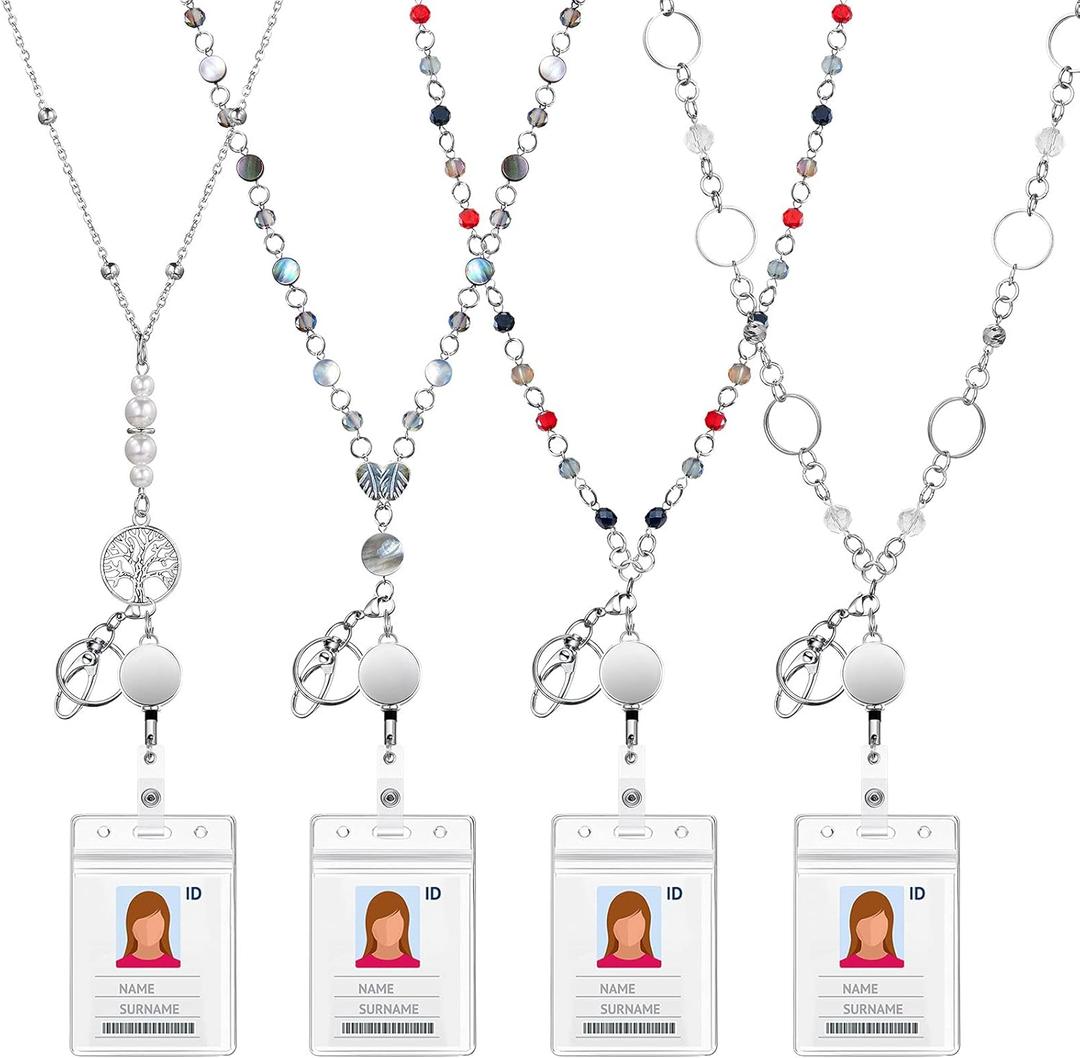 Pangda 4 Sets Badge Clips Necklace Beaded Breakaway Lanyards Teacher Nurse Gift for ID Badges Badge Reel Chain with ID Card Holders Retractable Reel Lanyards Necklaces for Women Cruise Ship Gift