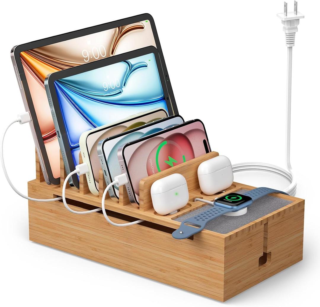 Pezin & Hulin Cell Phone Charging Station for Multi Devices, All in One Desktop Charger Organizer, with Power USB Charge Adapter and 6 Cables, Use As Power Strip Hidden Box -Natural, Bamboo Color