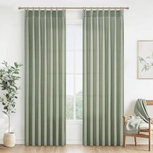 Sage Green Pinch Pleated Sheer Curtains 84 Inches Long for Living Room 2 Panels Set, Rustic Country Thick Linen Blend Light Filtering Window Drapes 40"W x 84"L with Back Tab Bedroom Viral Curtain 7 FT