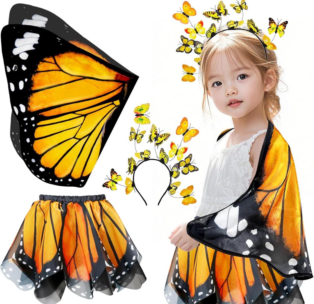 iROLEWIN Kids Toddler Butterfly-Wings-Costume for Girls Dress-Up Fairy-Wings Tutu Headband Christmas Birthday Gifts Toys 3+ (Orange Black)