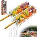 Nesting Grill Baskets 2PCS, Removable Wooden Handle & Large Stand, 304 Stainless Steel Grill Roller Basket, Rolling Grilling Net, Rolling Grill Baskets for Outdoor Grill, Portable Grill Vegetables, Fish, Shrimp, Meat, Fries, Gift for Men (Big Stand Set)
