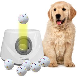 Automatic Ball Launcher for Dogs with 6 ETPU Balls, White, Adjustable Distance 20-45ft, USB Rechargeable, Interactive Dog Toy (Gary)