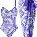 Women's One Piece Swimsuit with Beach Cover Up Retro Floral Print Bathing Suits with Coverup Set Sarong Wrap Swim Suit 1 Piece Swimwear Set with Matching Skirt Blue White Floral Large