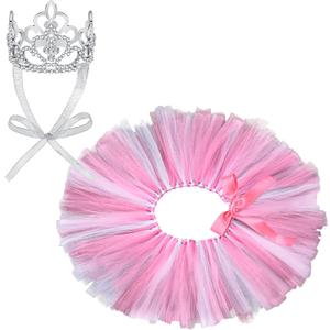 2 Pcs Dog Crown Headband Dog Tutu Dress Set Crystal Rhinestone Tiara Crown Tutu Skirt Pet Dress Costume for Puppy Birthday Party Wedding Photo Prop Costume(Medium,Rose Red, White)