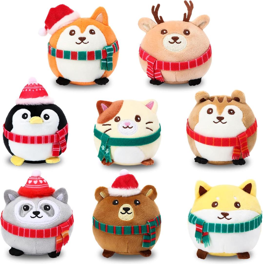 Aoriher 8 Pcs Christmas Mini Stuffed Animals 3.15 Inch Stuffed Animals Ornaments Bulk Colorful Woodland Animal Keychain Operation Christmas for Xmas Party Favor Stocking Fillers(Cap and Scarf)