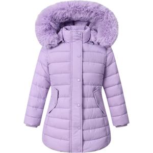 Girls Long Puffer Winter Coat Kid's Removable Hood Parka Jacket | Waterproof Polyester Outer, Soft Fleece Lined, Adjustable Cuffs, Lightweight Warm Jacket for Daily Outdoor Activities (Purple) Size 9-10