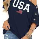 INFITTY Womens Off Shoulder Tops Casual Summer Loose Button Down Short Sleeve Shirt Tunic Blouse (X-Large, E3 White Usa)