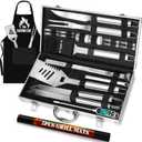 ROMANTICIST 26pcs Stainless Steel Grill Tool Set, Heavy Duty BBQ Grilling Accessories Gifts for Men Dad, Non-Slip Grill Utensils Kit with Apron,Mats in Aluminum Case for Valentines Day Silver