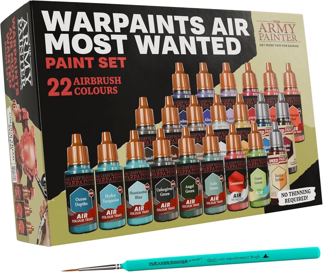 The Army Painter, Warpaints Air Most Wanted Paint Set C, 22x18ml paints, 19 Acrylic Airbrush, incl. 2 Metallics, 1 Fluorescent, 1 Medium, 3 Speedpaints & 1 brush - for model and miniature painting