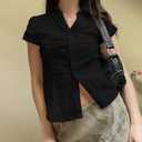 Women's Button Up Shirt Slim Fitted Cap Sleeve V Neck Top Y2k Coquette Button Down Shirt (Black, S)