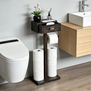 Freestanding Bathroom Toilet Paper Holder Stand with Shelf, Bamboo Toilet Paper Roll Holder with Wet Wipes Storage Drawer(Vintage Black)