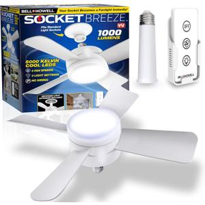 Bell+Howell Socket Breeze Modern Ceiling Fans with LED Lights, 10" LED E26/E27 Screw Base Mini Light Socket Fan with Cord for Bedroom, Living Room, Kitchen, Balcony (White)