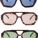 Trendy Hexagonal Aviator Sunglasses Women Men Hexagon Square Plastic Thick Frame Double Bridge Designer Sun Glasses (Burgundy Blue/Tortoise Orange/Tortoise Shell Green)