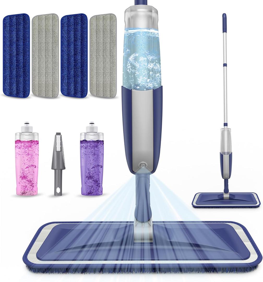 Wet Dust Mops for Hardwood Floor Cleaning - MEXERRIS Microfiber Spray Mops with 4X Reusable Washable Pads 2X Bottles Wood Floor Mops with Spray Home Commercial Use for Hardwood Laminate Tiles Floors (Gray)