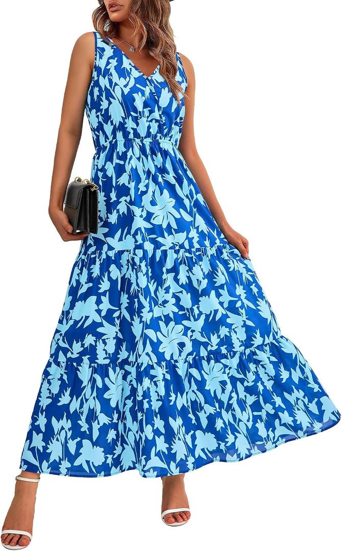 BTFBM Women Summer Dresses Casual Sleeveless Floral Maxi Dresses (Blue, M)