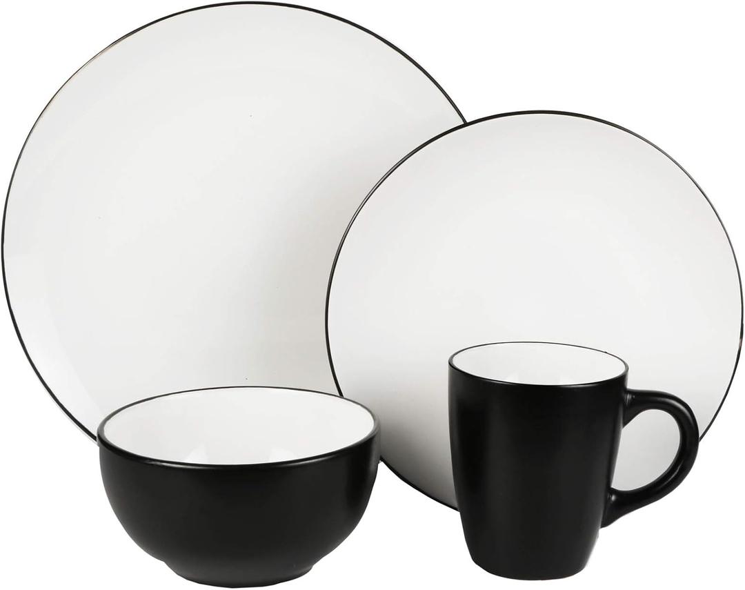 American Atelier Bistro Casual Round Dinnerware Set – 16-Piece Stoneware Party Collection w/ 4 Dinner Salad Plates, 4 Bowls & 4 Mugs – Unique Gift Idea, White/Black