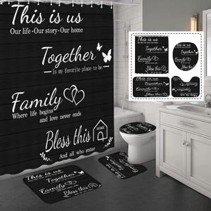 juwute 4Pcs Family Shower Curtain Sets with Non-Slip Rugs, Toilet Lid Cover and Bath Mat, Black Home Bathroom Decor Set Accessories Waterproof Shower Curtains with 12 Hooks, 72 x 72 Inch