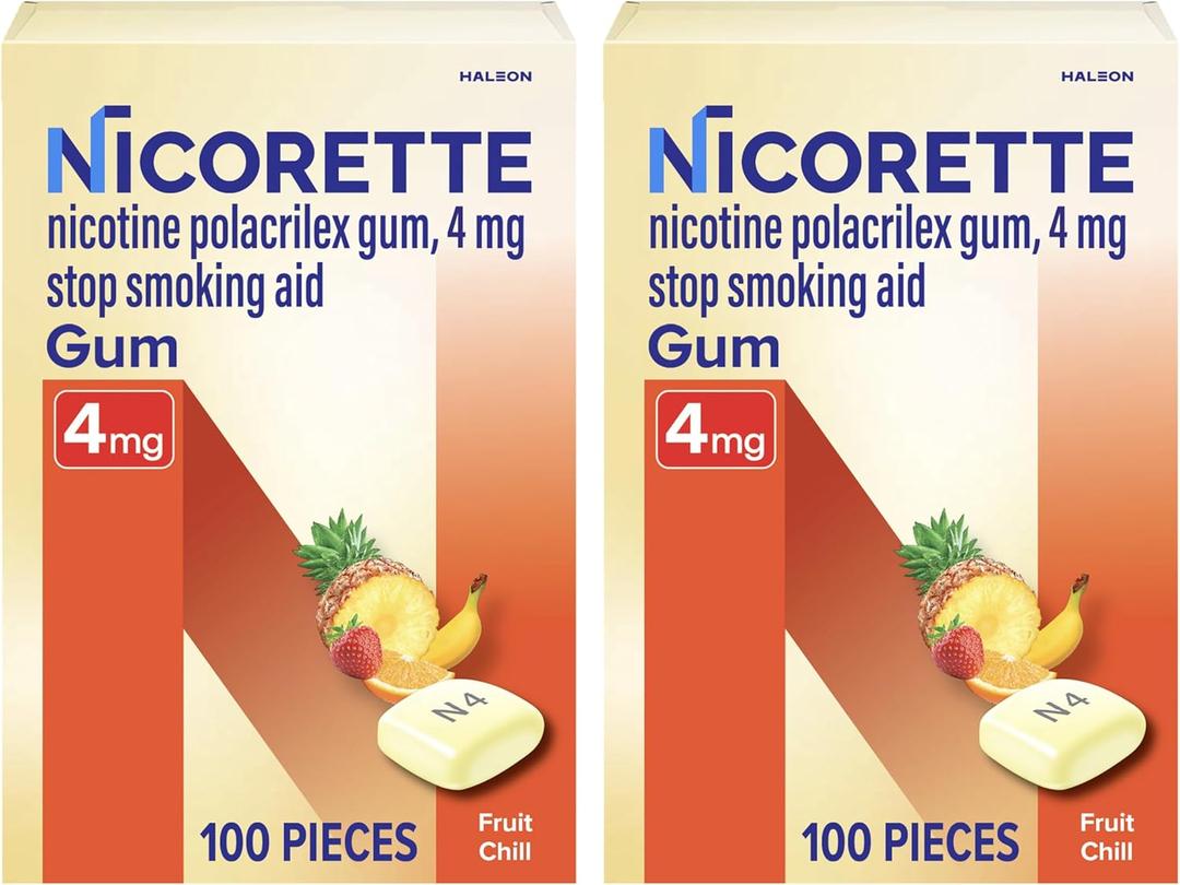 Nicorette Nicotine Gum Stop Smoking Aid, 4 mg, Fruit Chill Flavor - 2x100 Count