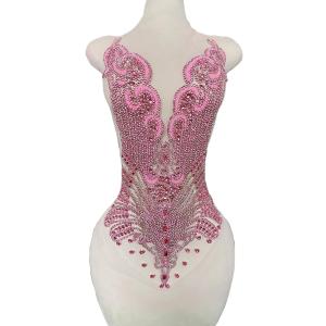 Large Bodice Applique Sequin Rhinestones Fine Appliques Handsewing Crystals and Beads for Dress Clothes Accessories 9.4X23.6inches (Pink)