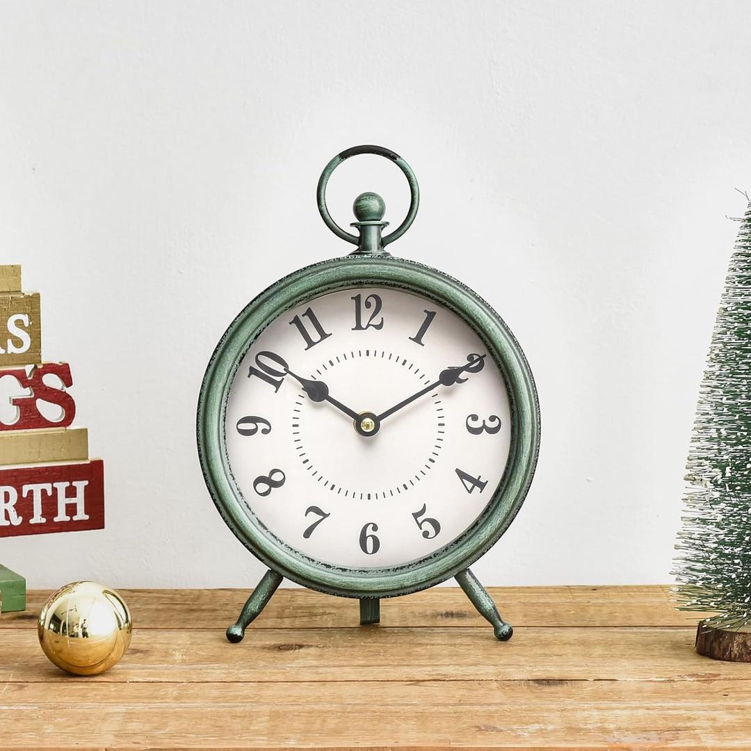 Vintage Rustic Green Table Clock on Stand, Decorative Desk and Shelf ClockDecorative Battery Operated Table Top Clock for Living RoomSilent Non-Ticking (10.5"H)