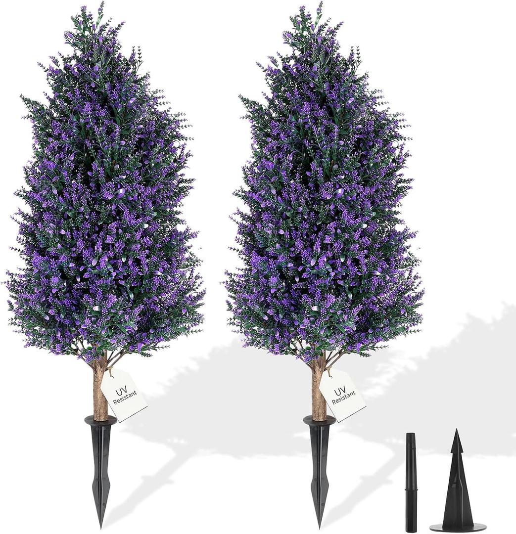 3FT Artificial Lavender Topiary Trees with Spike, 2 Pack UV Resistant Artificial Outdoor Shrubs Fake Bushes, Fake Plants for Indoor Outdoor Front Porch Garden Decor