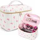 Paterr Large Quilted Hair Tools Travel Bag, Cute Floral Carrying Bag Compatible with Shark Flexstyle Case Portable Dryer Case Waterproof Dustproof Flat Curling Iron Organizer for Women(Pink Bow)