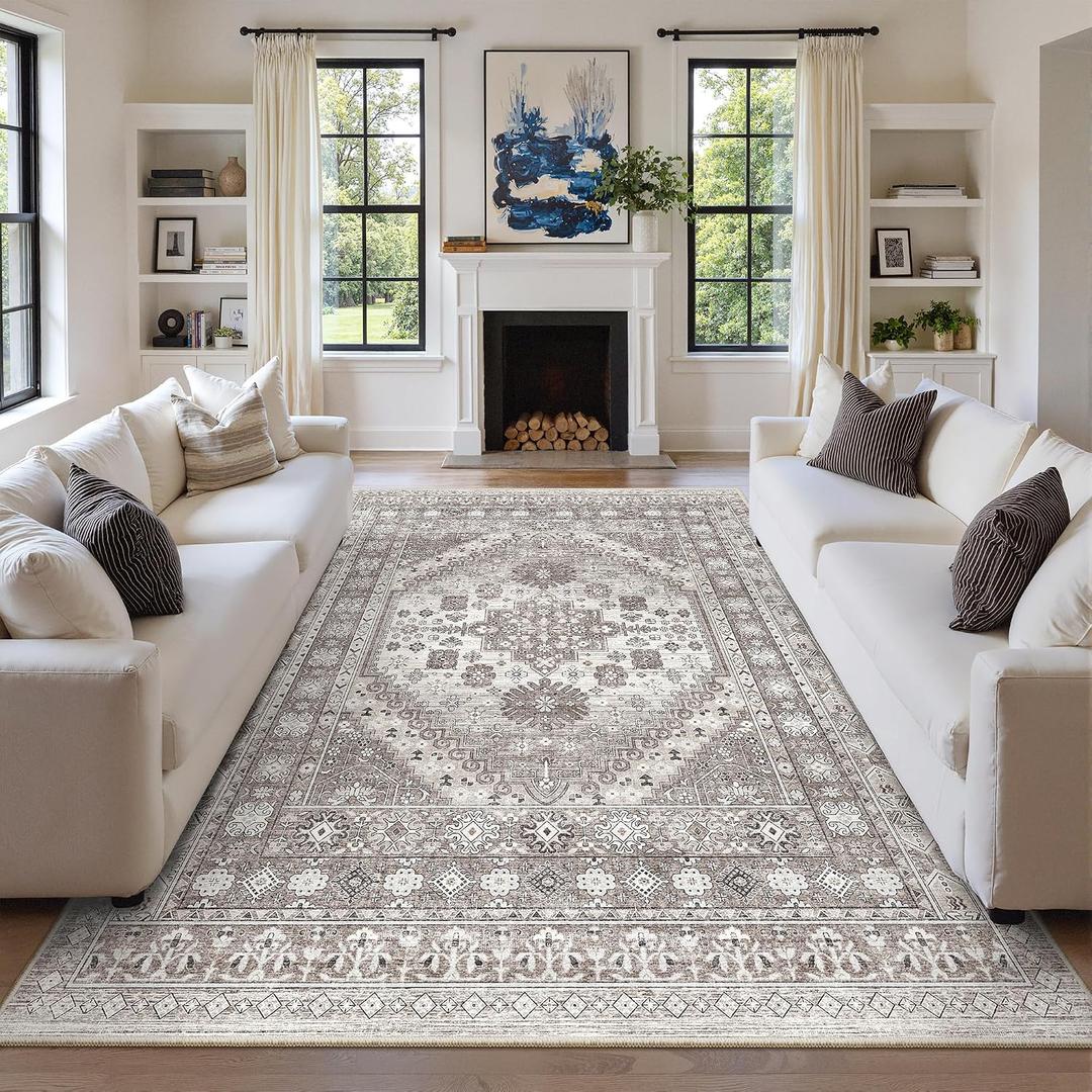 zesthome 9x12 Area Rugs,Stain Resistant Washable Rug,Ultra-Thin Rugs for Living Room,Bedroom,Non-Slip Backing Home Decor Large Area Rug (Brown/Beige,9'x12')