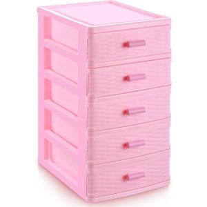 Threehoney Pink Plastic Storage Drawers Desktop Storage Box Mini Drawer Organizer Necklace Jewelry Storage Case Cute Plastic Dresser for Girls Bathroom, Dorm, Desk, Home, 5 Layers