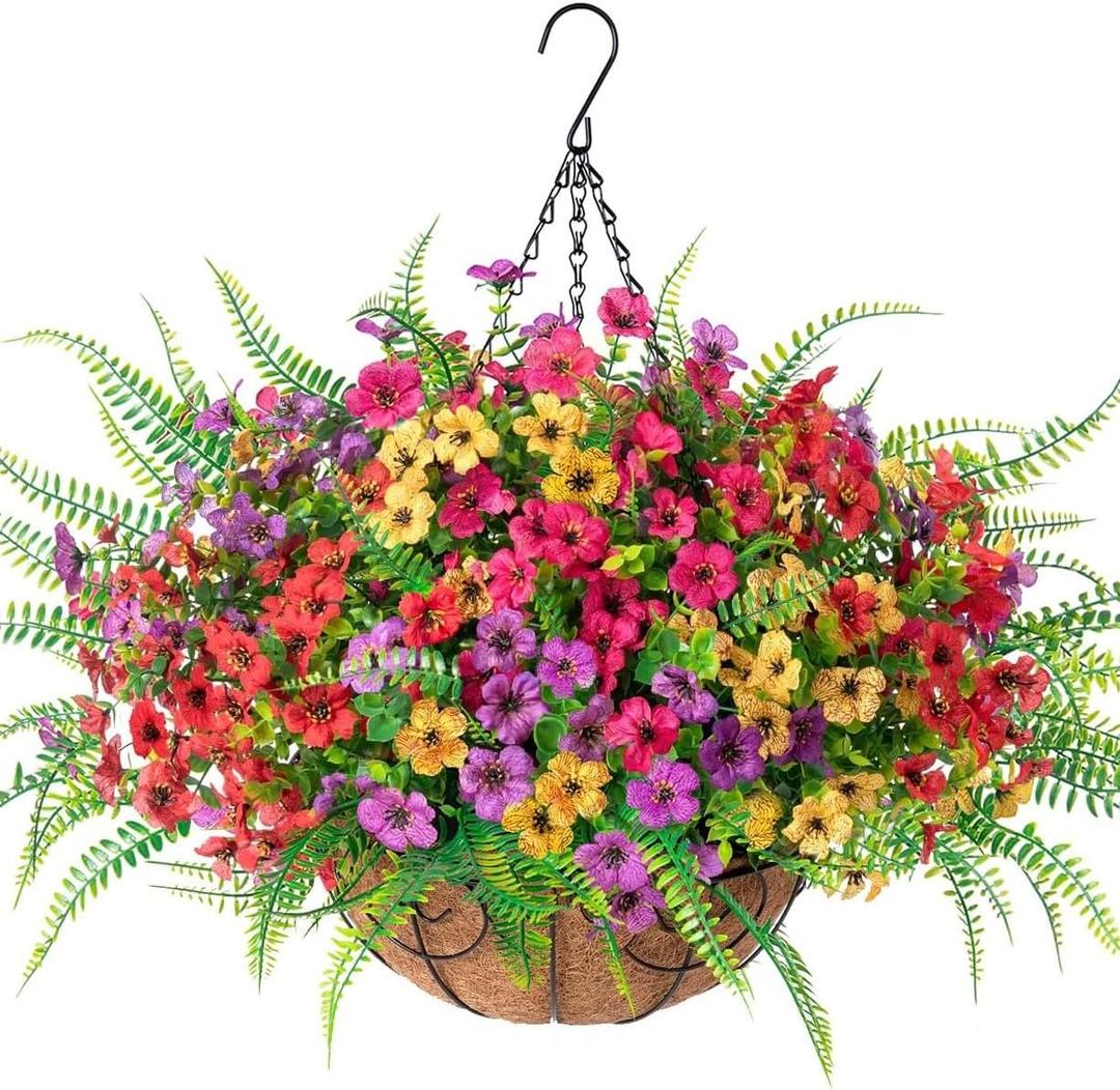 Artificial Faux Hanging Outdoor Flowers Plants Basket for Summer Outside Decoration, 14 Bundles Fake Silk UV Resistant Look Real Colorful Daisy Fern in Planter for Home Porch Patio Garden Yard Decor