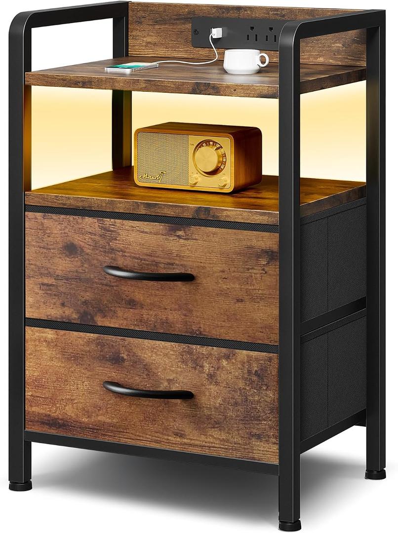 Lazzanto Night Stand Bedside Table Bedroom - Nightstand with Charging Station, Night Stand with LED Light Strip, End Table with U-S-B Ports & AC Outlets, Storage Shelf & 2 Fabric Drawers, Rustic Brown