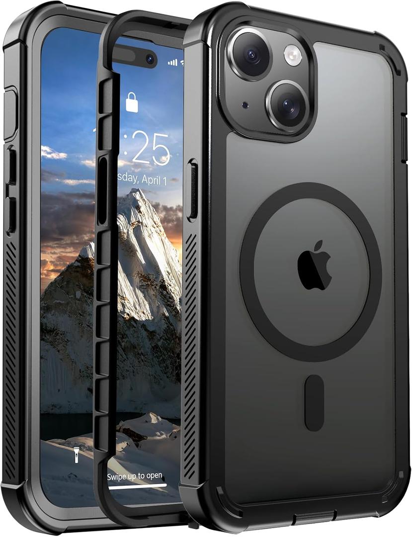 jaroco Magnetic for iPhone 15 Case, [Compatible with MagSafe][Military Grade Drop Protection][Heavy Duty Protection][Non-Slip][Shockproof] 2-Layer Durable Bumper Phone Case 6.1''-Black