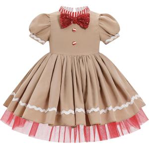 IBTOM CASTLE Christmas Dress for Toddler Baby Girl Puff Sleeve Tutu Dress Princess Santa Photoshoot (5-6 Years, Kahki)