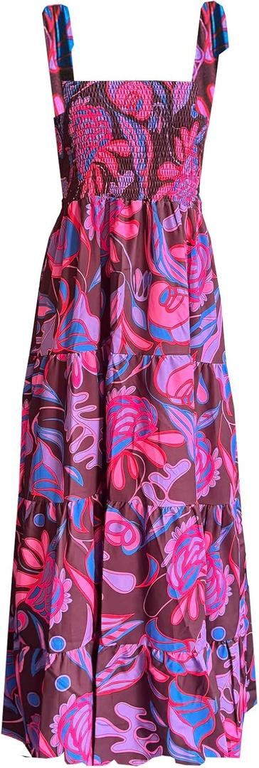 kinstell Women's Summer Boho Spaghetti Strap Square Neck Ruffle Casual Flowy Long Dress Beach Swing Party Maxi Dress, XL Size