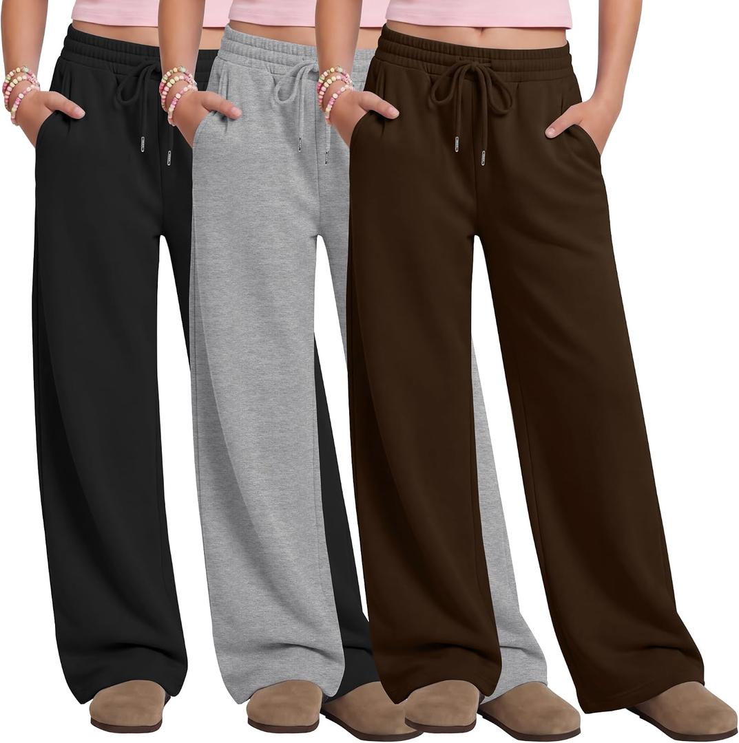 Oakgarden 3 Pack Girls' Wide Leg Sweatpants Drawstring Baggy Pants Teen Casual Loose Athletic Joggers with Pockets 7-8Y
