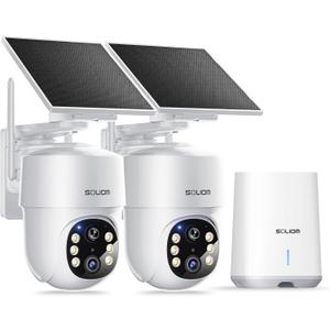 SOLIOM- 5MP Security Cameras Wireless Outdoor, No Subscription & Solar Powered, 2-Cam Pack Home Security Camera with 360° Auto Human Motion Tracking, 3K Color Night Vision, 5G & 2.4G Router Compatible