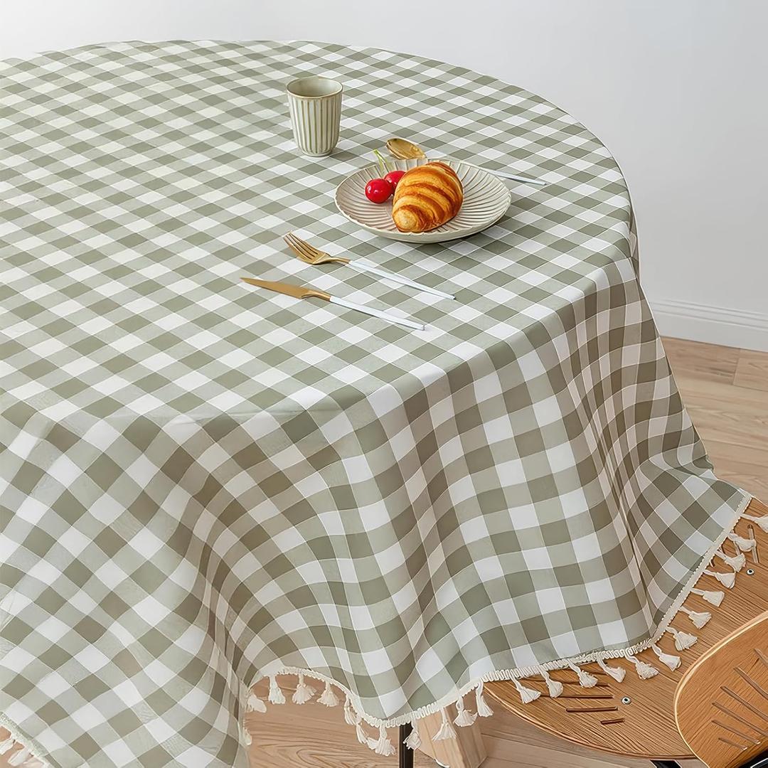 Waterproof Oil-Proof Round TableclothNo-Wash Checkered PVC Table Cover with Tassels for Kitchen, Dining, Parties & Outdoor Picnics,Green,55 Inch