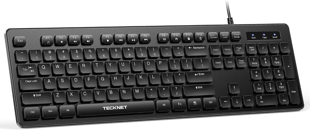 TECKNET Wired Keyboard,Silent USB Keyboard for Office,Spill-Resistant,Slim Full-Size Membrane Layout,Plug and Play for PC/Laptop/Mac-No Backlit