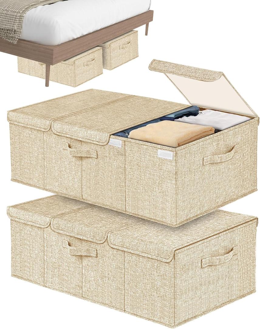 Deep Under Bed Storage Container, 10" Tall Height Underbed Box Bin with Lids 31" Long Large Basket for Under Bed, Bedroom, Dorms, Clothes, Bed sheets, Blankets, 2 Pack, Beige