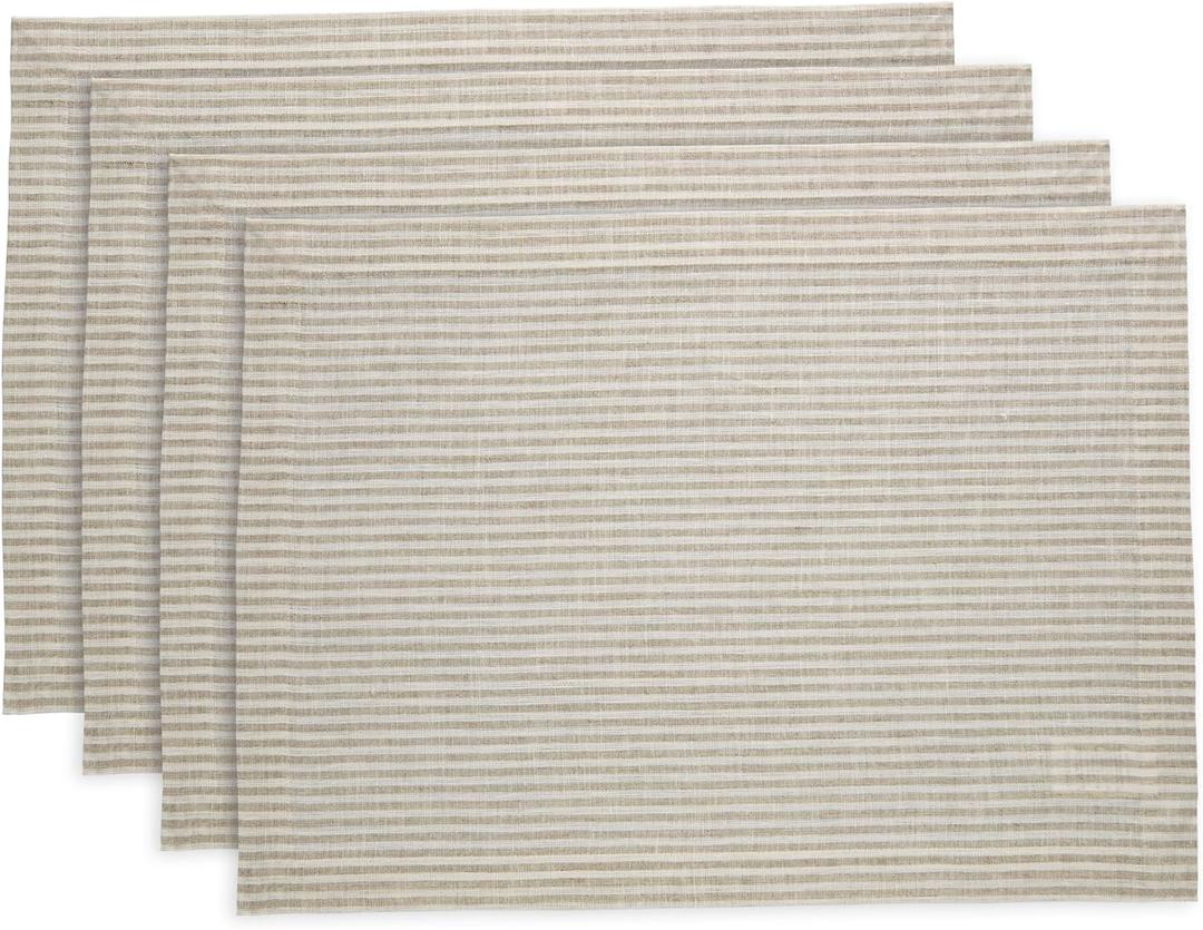 Solino Home Linen Placemats Set of 4 - Narrow Stripe Natural and White Placemats 14 x 19 Inch - 100% Pure Linen Place Mats for Summer