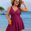 Charmo Plus One Piece Swimsuit with Skirt Ruched Tummy Control Bathing Suit Swim Dress Modest Curvy Swimwear Dark Red 2X